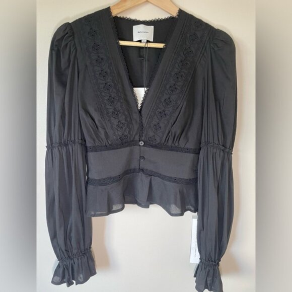 NWT Reformation Meadowlark Top Black Lace Long Sleeve Blouse Crochet | US 2 UK 6 - Picture 6 of 13